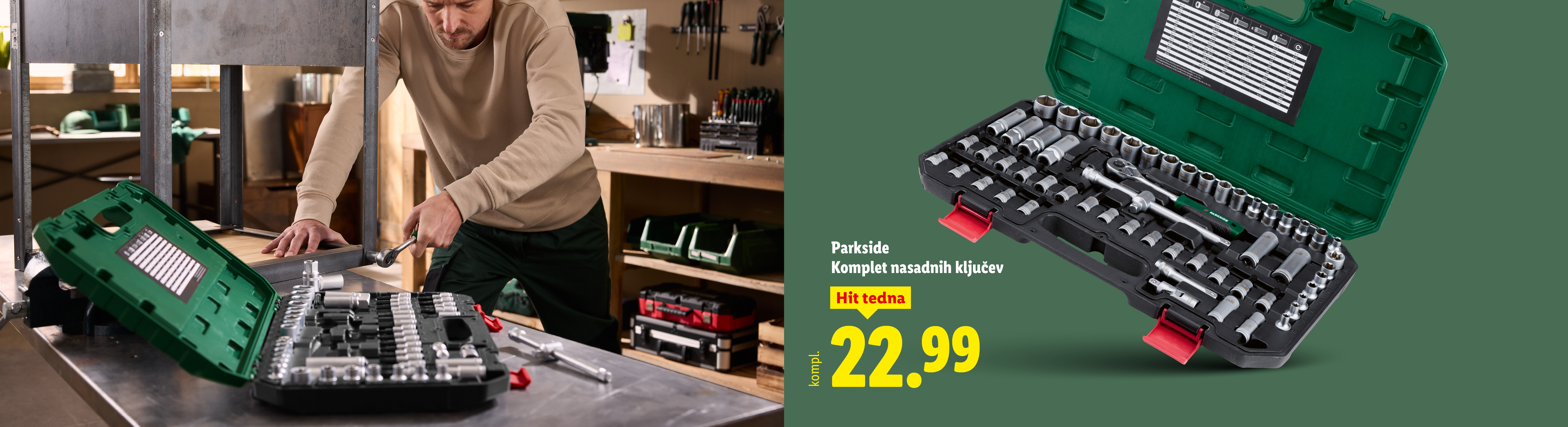 Moški v delavnici uporablja komplet nasadnih ključev, ki je na voljo za 22,99 €.