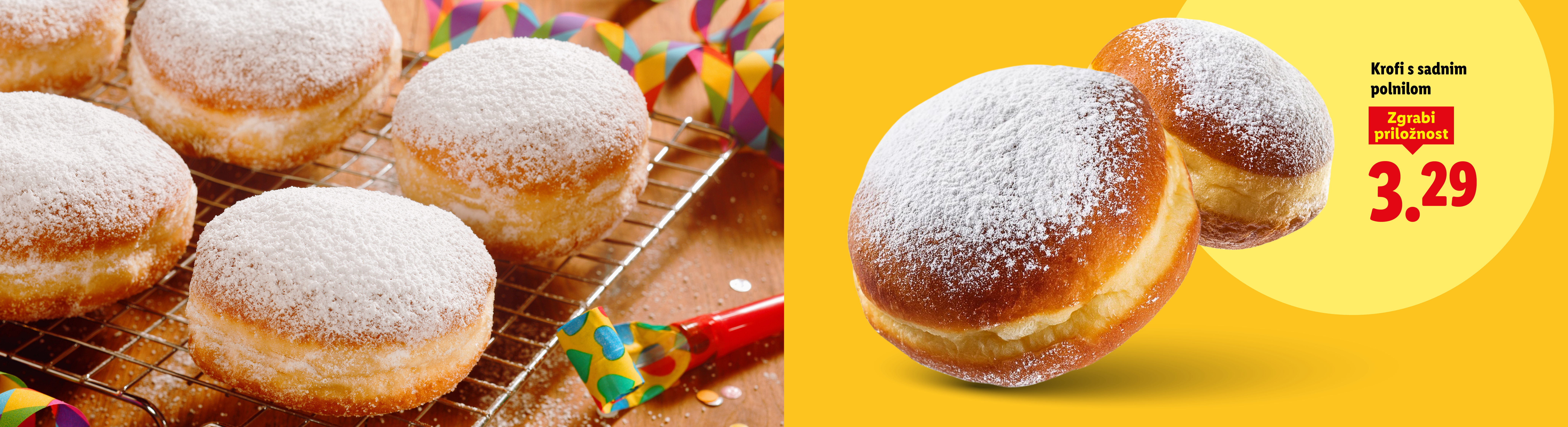 Krofi s sadnim polnilom, posuti s sladkorjem v prahu, na rešetki, s prazničnimi dekoracijami in ceno 3,29.