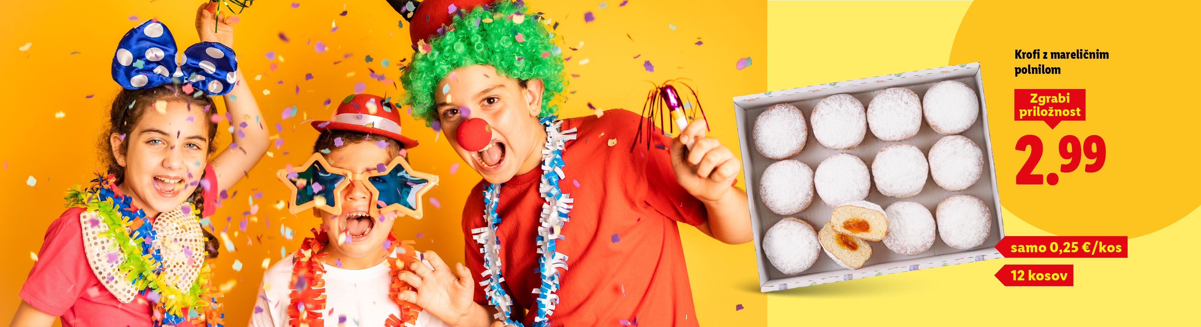Otroci v pustnih kostumih in konfeti, poleg škatle krofov z mareličnim polnilom, cena 2,99 € za 12 kosov.