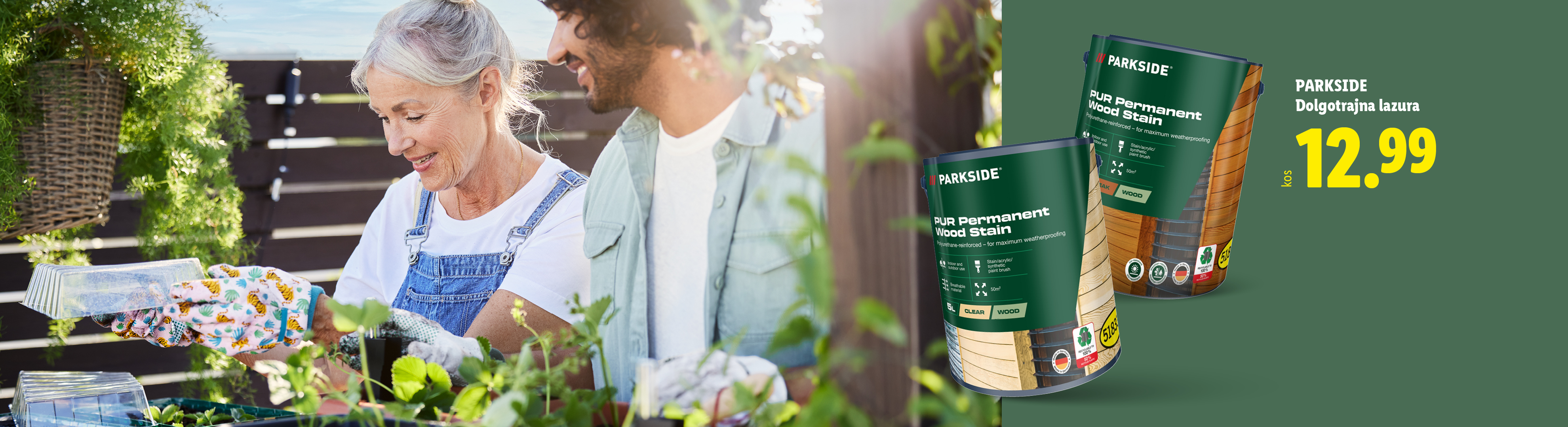 Dolgoročna lazura za les, ki jo uporabljata moški in ženska pri sajenju.