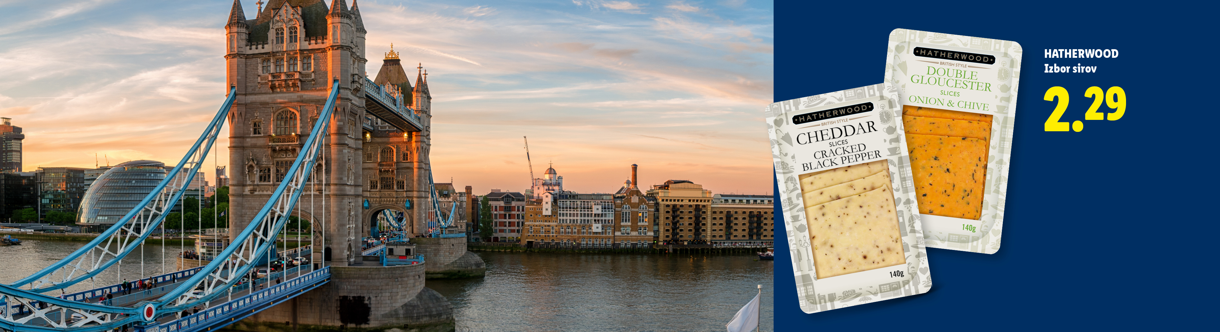 Sirni rezini s črnim poprom in čebulo, ob mostu Tower Bridge v Londonu, cena 2,29.