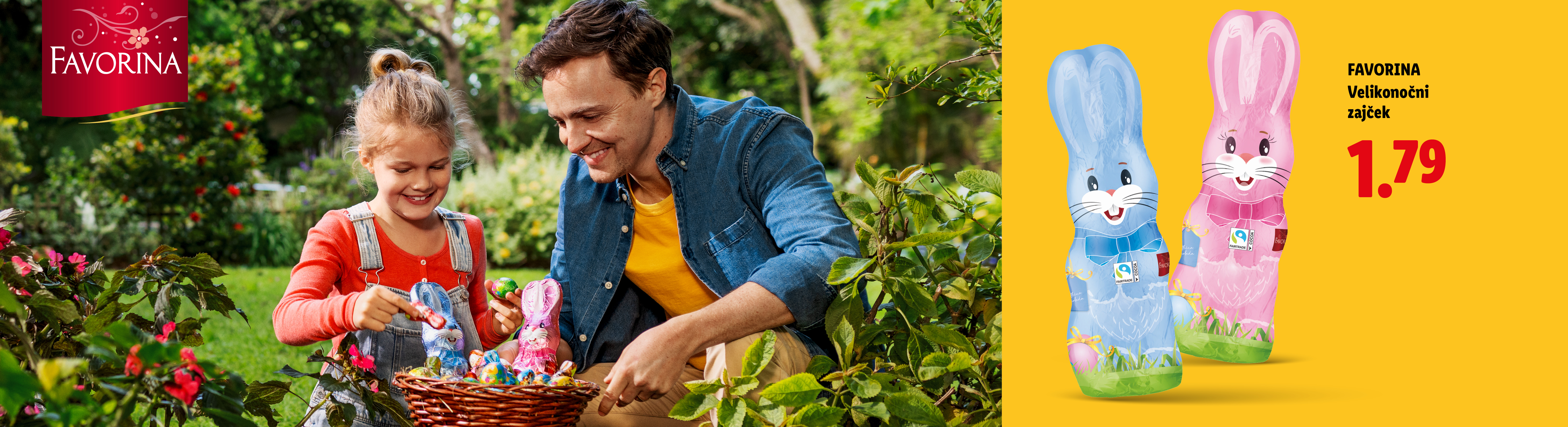 Oče in hči iščeta velikonočna jajca, poleg sta zajčka in cena 1,79.