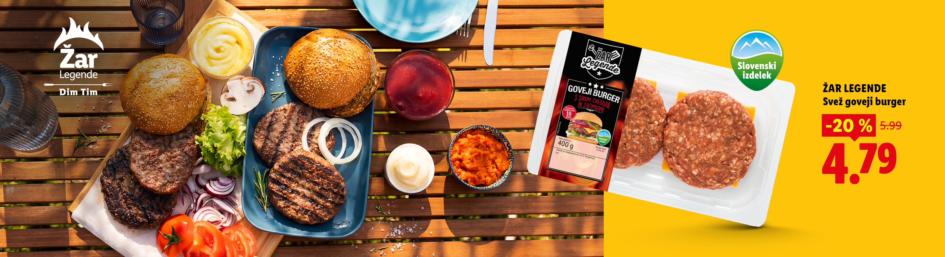 Pripravljeni burgerji in sestavine za žar, vključno z govejimi burgerji s sirom cheddar, z 20% popustom.
