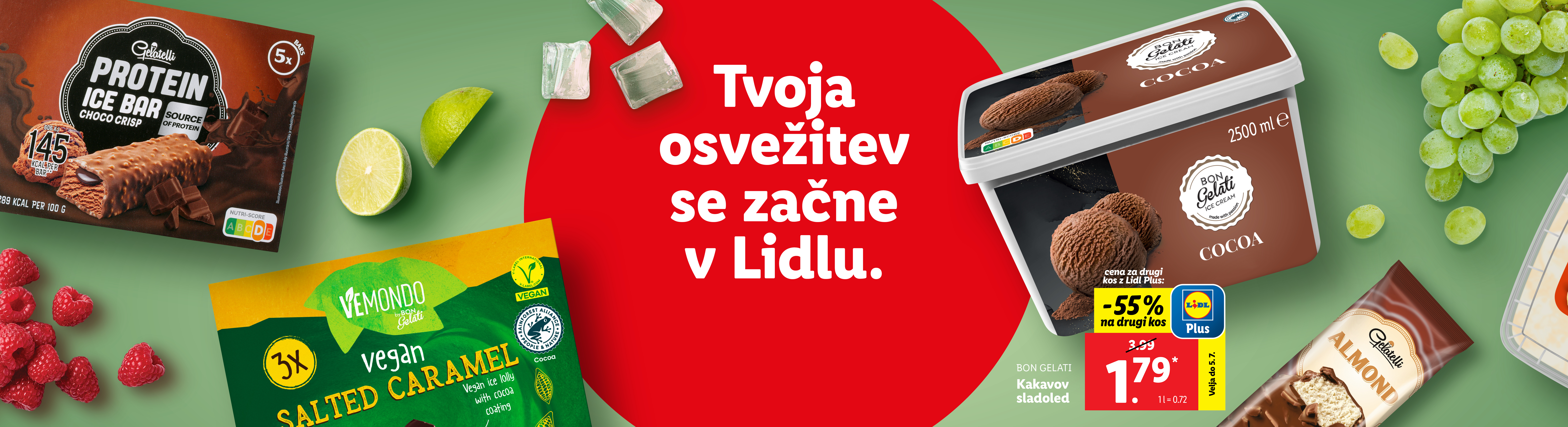 Gelatelli sladoledi in proteinske palčke, oglaševanje v Lidlu.