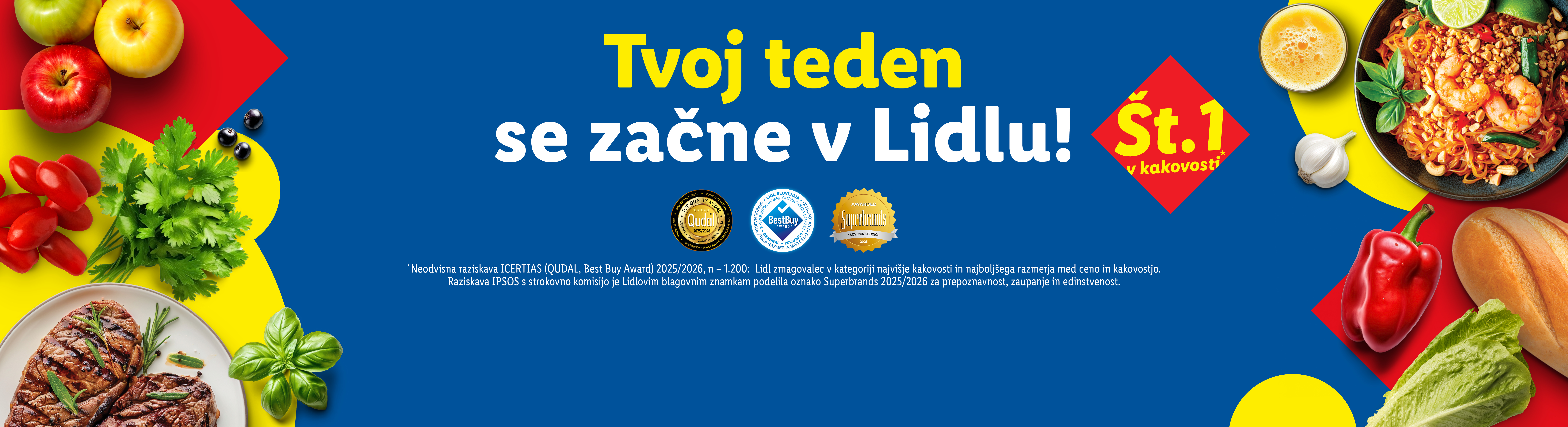 Lidlov oglas poudarja kakovost s prikazom hrane in nagradami Qudal, Best Buy in Superbrands.