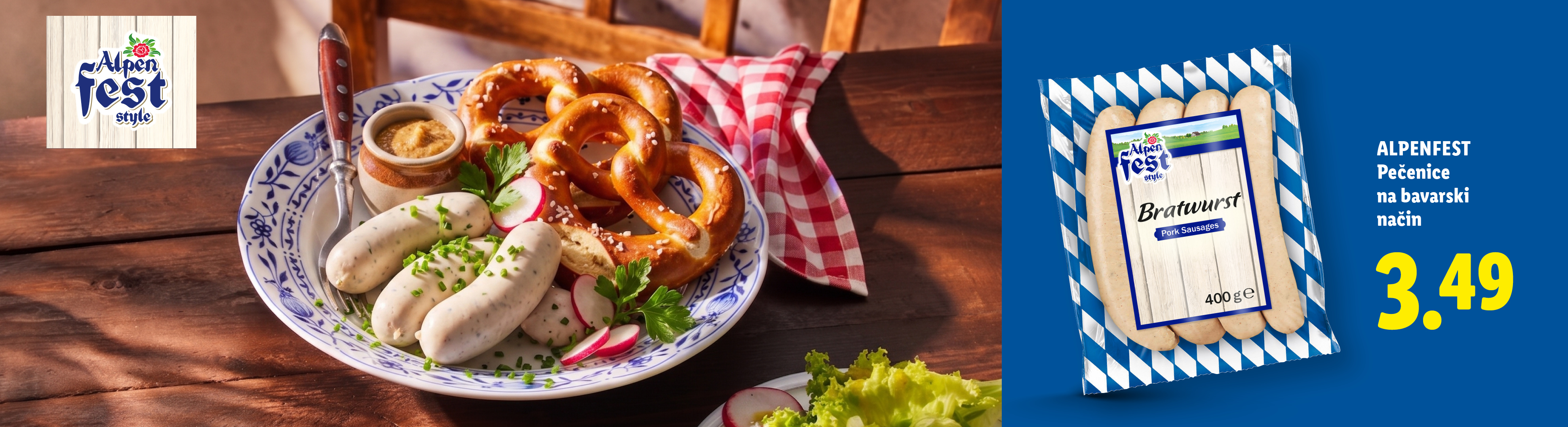 Bavarske klobase, preste in gorčica na krožniku, poleg pa pakiranje klobas z napisom 'Bratwurst' in cena 3,49.