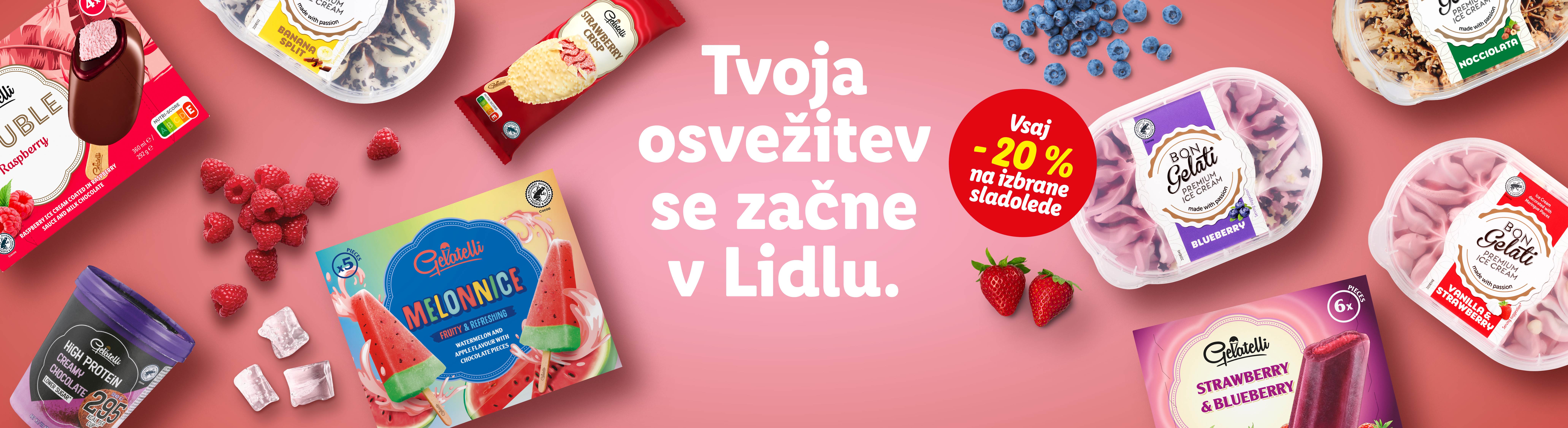 Lidl-ova ponudba sladoleda Gelatelli in Bon Gelati z 20% popustom.