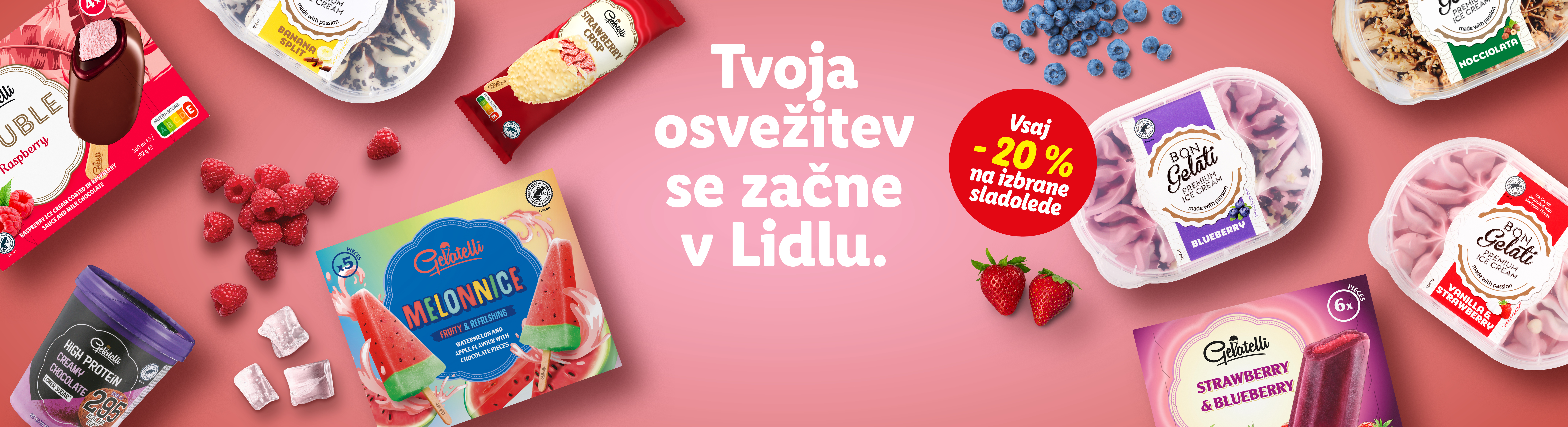 Lidl-ova ponudba sladoleda Gelatelli in Bon Gelati z 20% popustom.