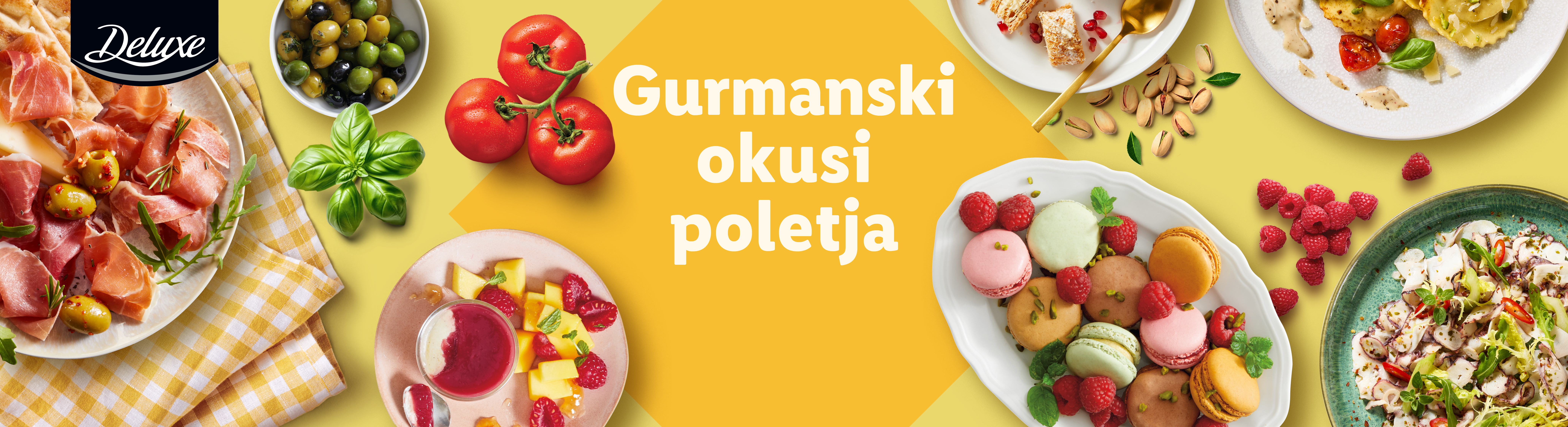 Gurmanski okusi poletja: Raznovrstna hrana, vključno s pršutom, ravioli, sladicami in sadjem.