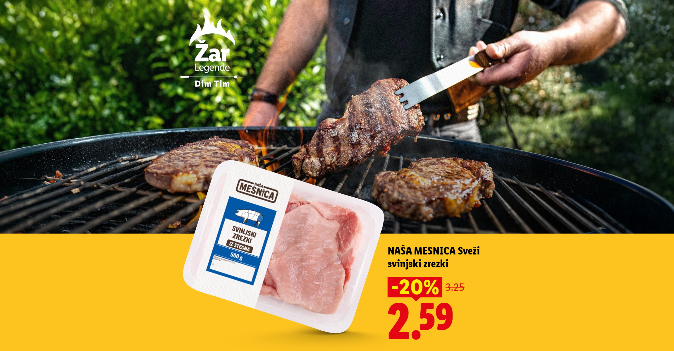 Sveži svinjski zrezki v pakiranju in meso na žaru, z 20% popustom.