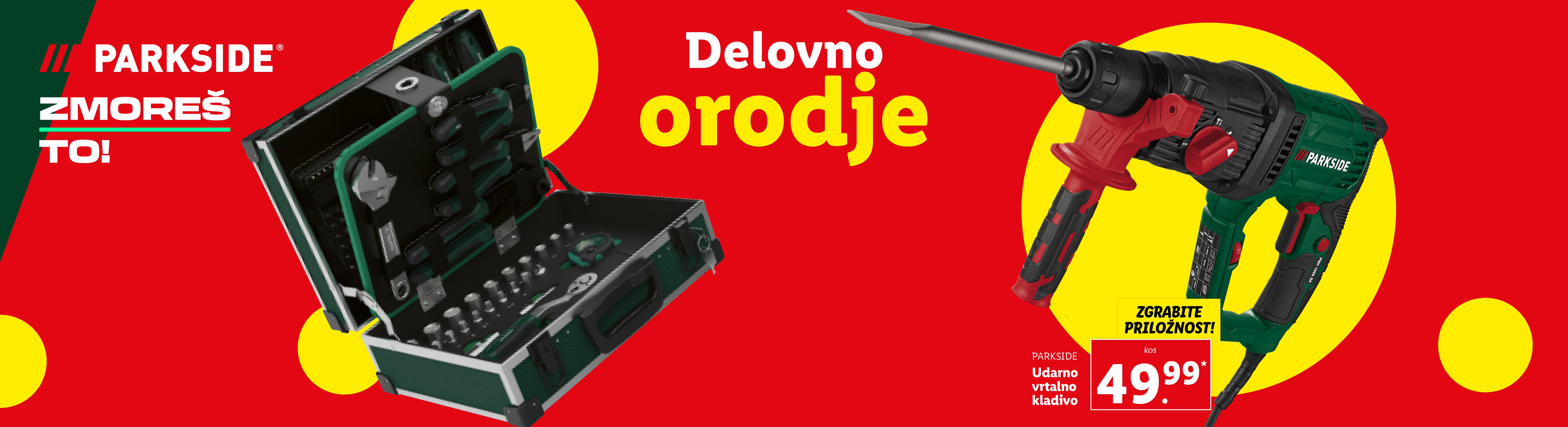 Parkside udarno vrtalno kladivo in komplet orodij v akciji za 49,99€.