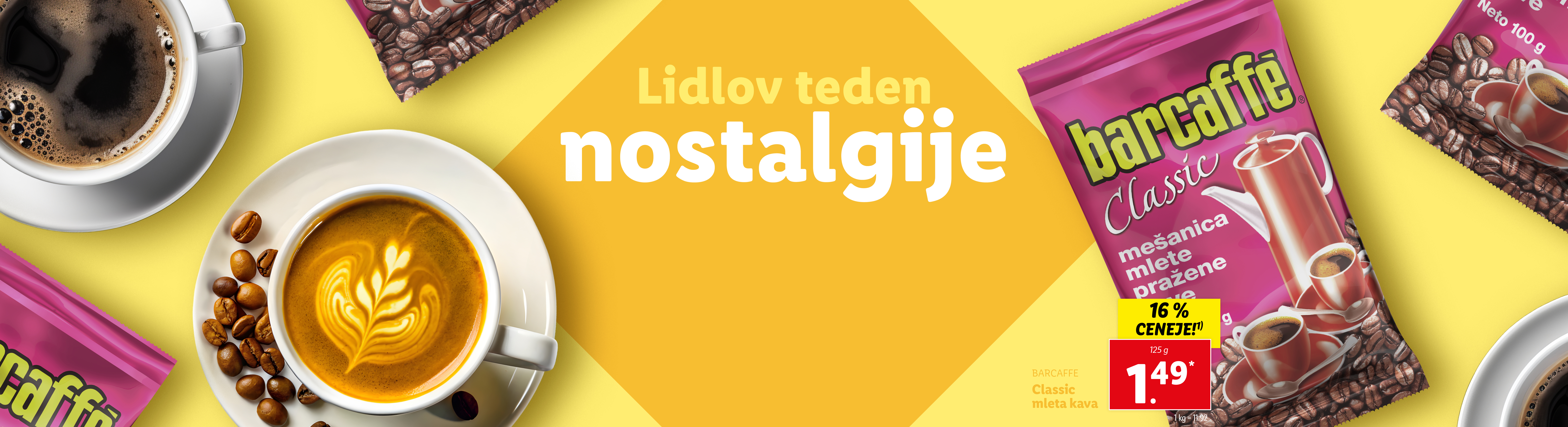 Oglas za kavo Barcaffe Classic s popustom, obdan s skodelicami kave in kavnimi zrni.