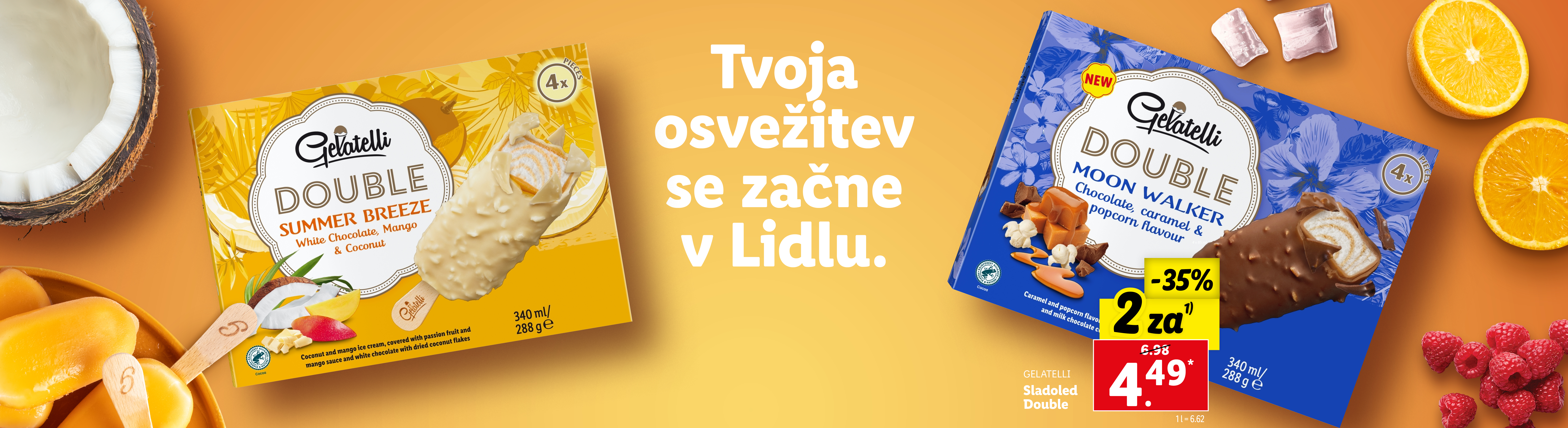 Oglasi za sladoled Gelatelli Double Moon Walker in Summer Breeze v Lidlu.