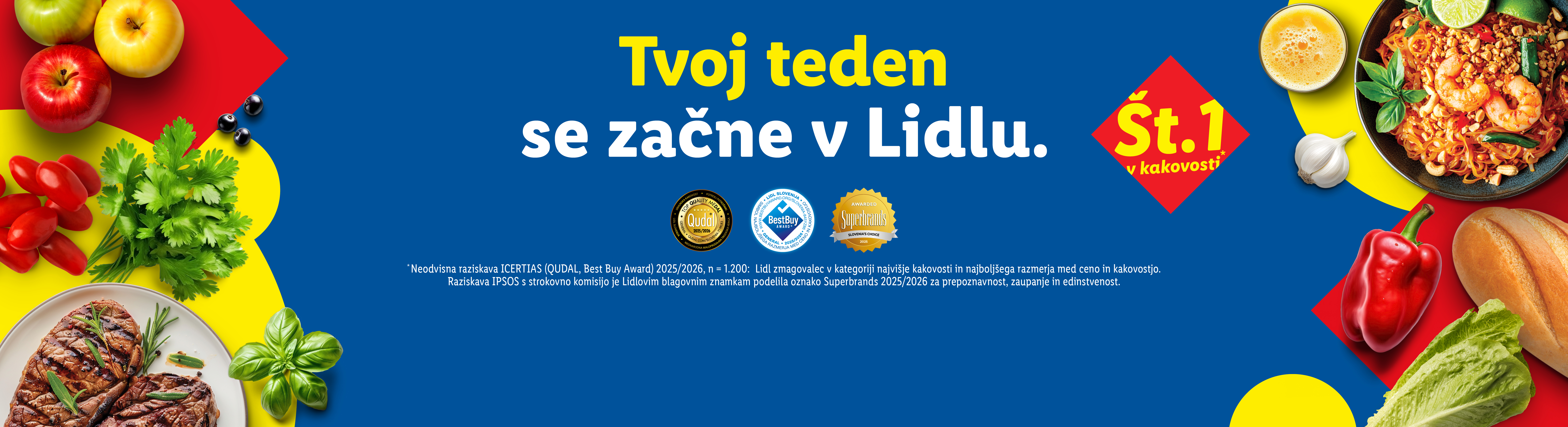 Oglasi za Lidl s hrano, kot so meso, testenine, sadje in zelenjava, ter nagradami za kakovost.