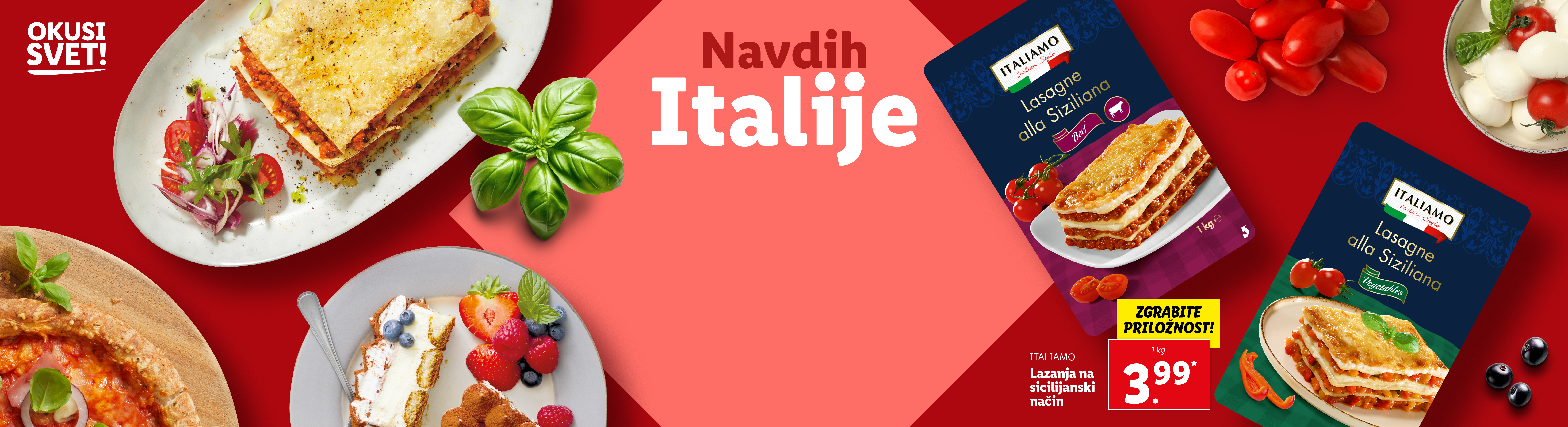 Italijanska hrana, vključno z lazanjami, pico in sladicami, z blagovno znamko Italiamo.