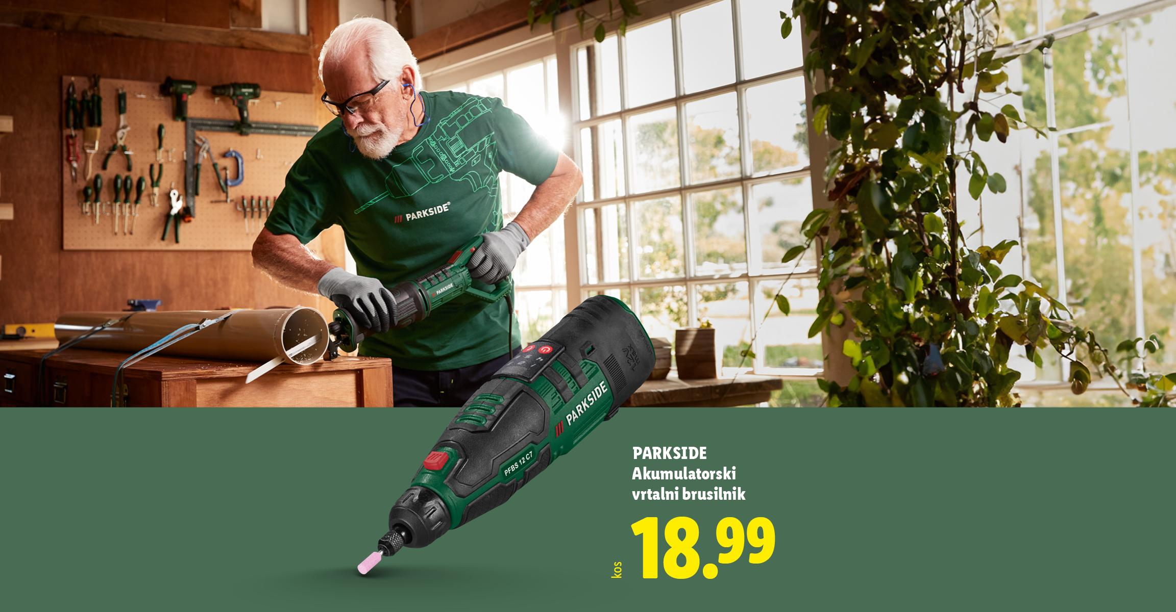 Moški brusi cev z akumulatorskim vrtalnim brusilnikom, ki je na voljo za 18,99 €.