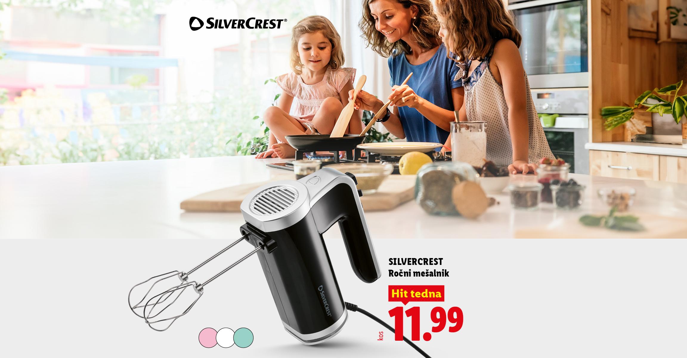 Ročni mešalnik za 11,99 €, z žensko in otrokoma, ki kuhata.