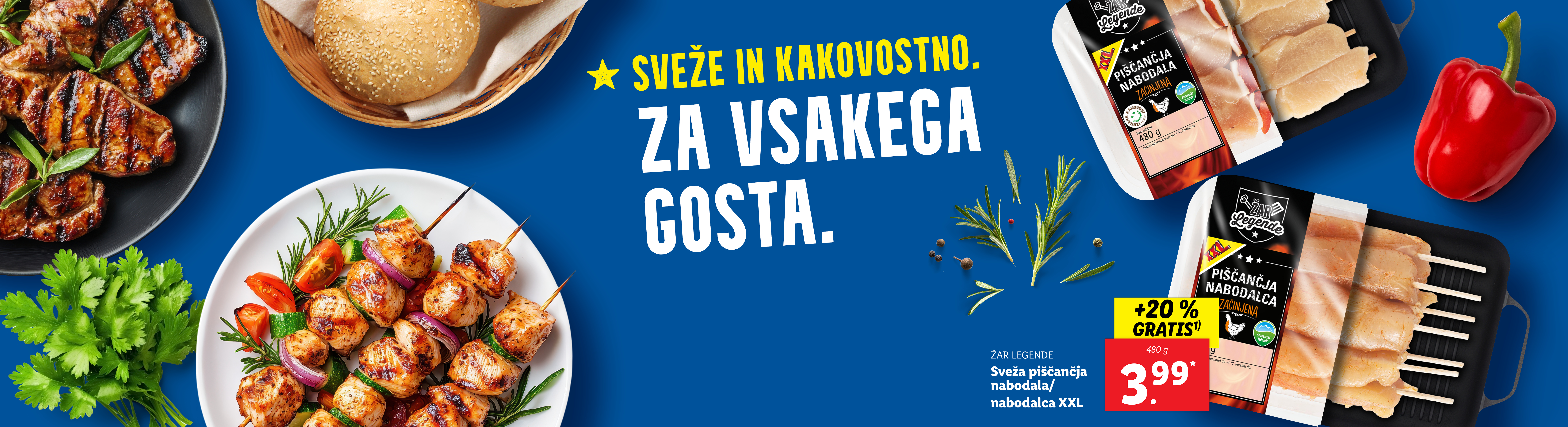 Oglasi za piščančje nabodala in žemljice za burgerje, s poudarkom na svežini in kakovosti.