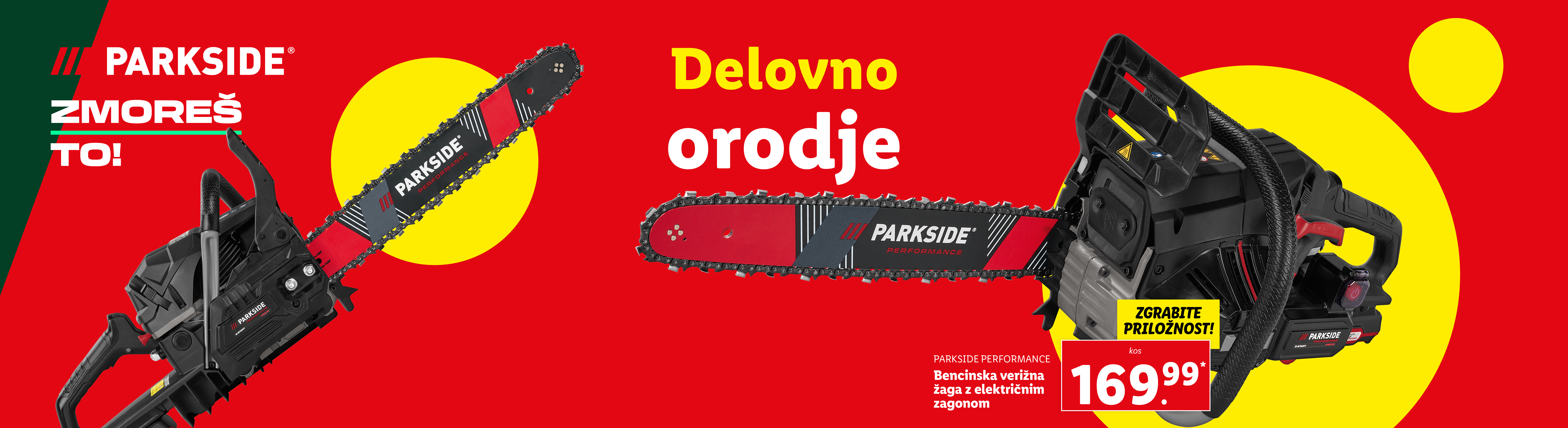 Dve motorni žagi Parkside, ena bencinska in ena električna, z napisom »Delovno orodje« in ceno.