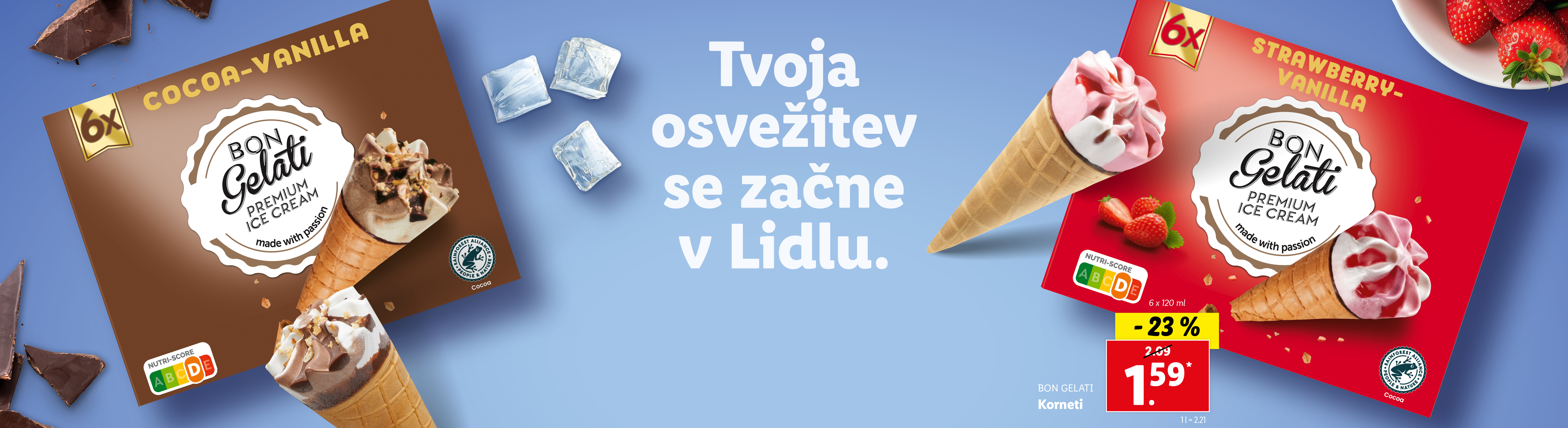 Oglasi za sladoled Bon Gelati v kornetih z okusom kakava-vanilije in jagode-vanilije.