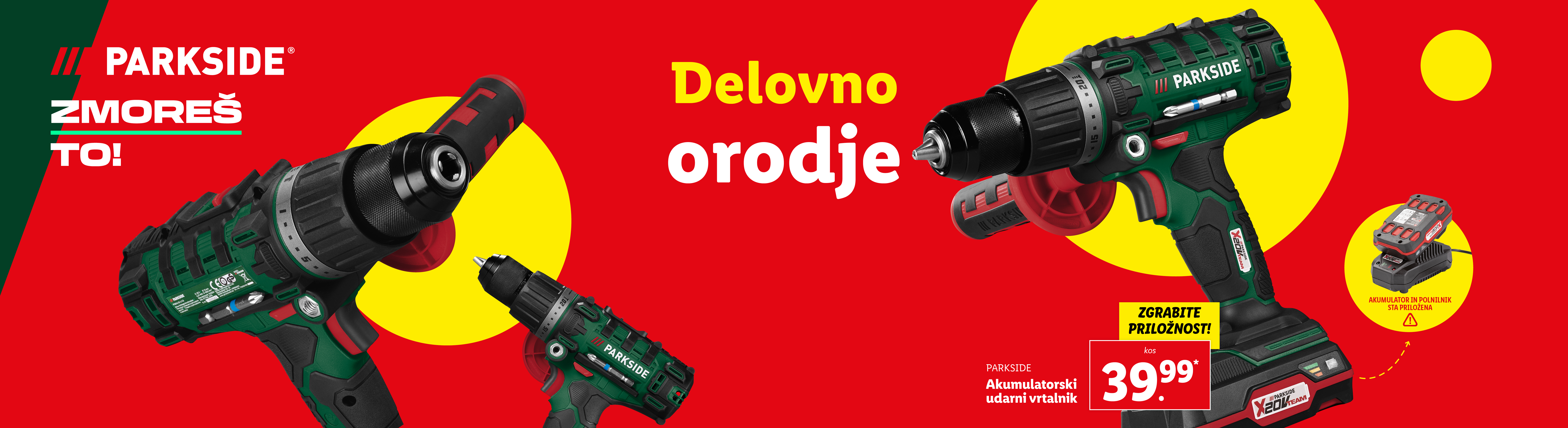 Orodje Parkside, vključno z akumulatorskim udarnim vrtalnikom, prikazano na rdečem ozadju z rumenimi krogi.