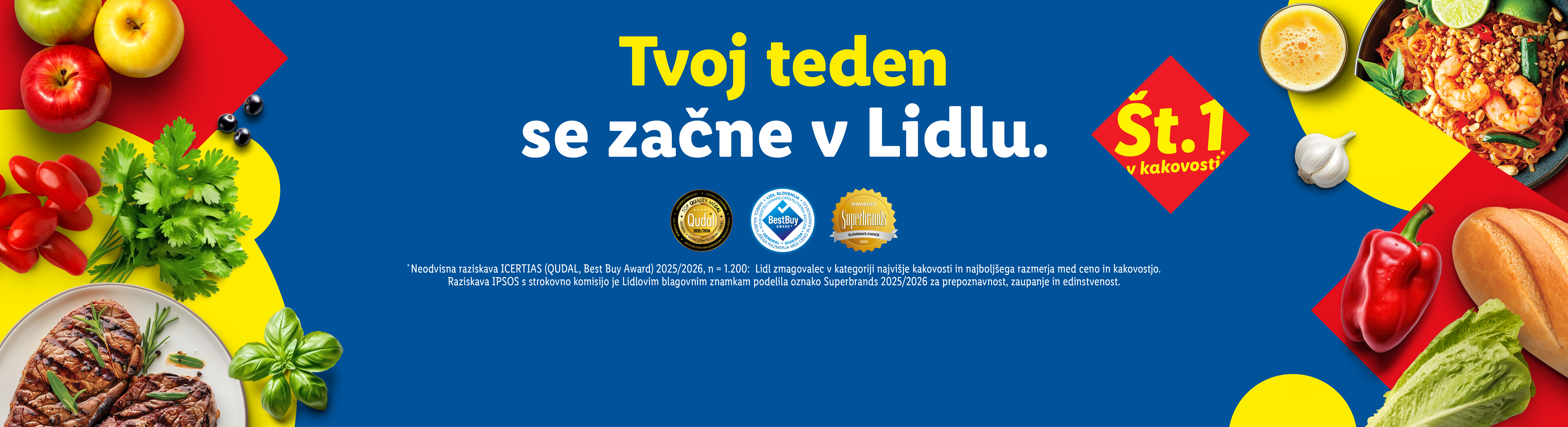 Oglasi za živila Lidl s sadjem, zelenjavo, mesom, testeninami in nagradami za kakovost.