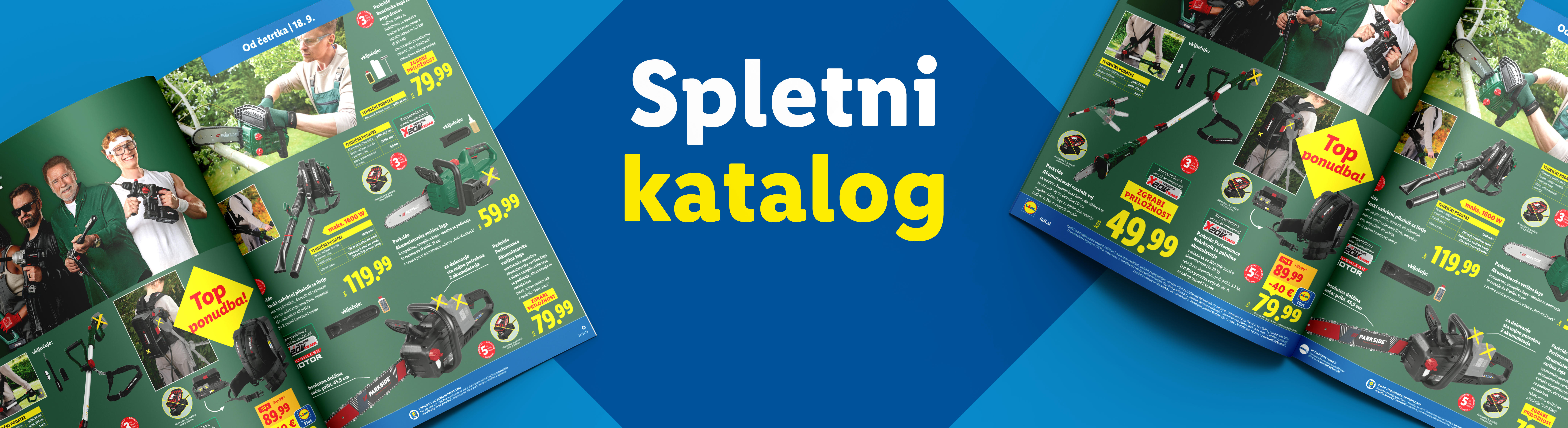 Katalog z orodjem Parkside, vključno z verižnimi žagami in pihalniki za listje.
