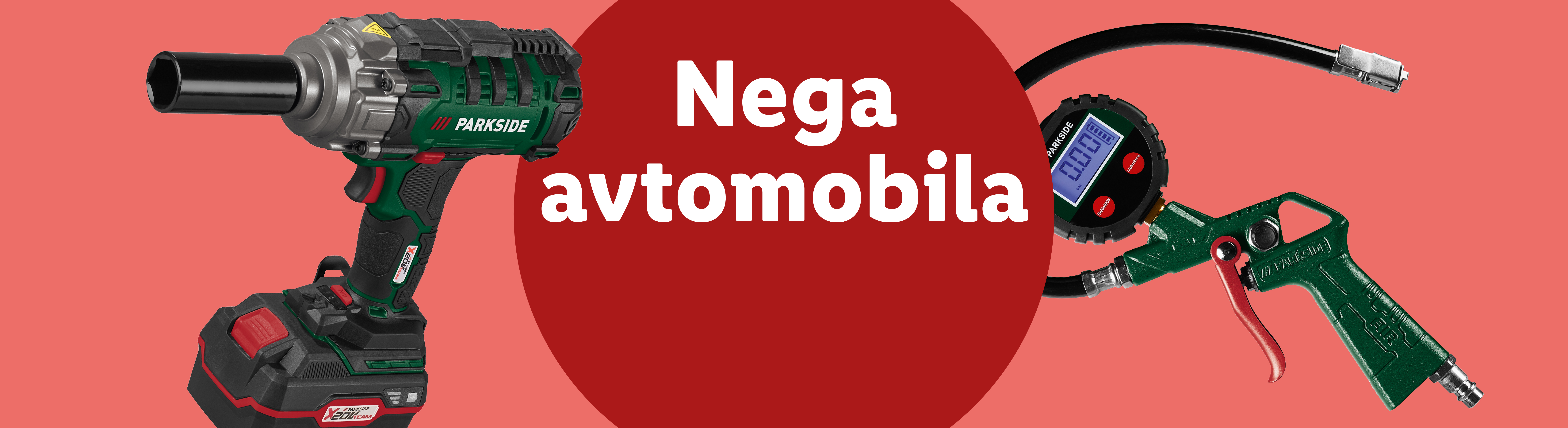 Udarni vijačnik Parkside in merilnik tlaka v pnevmatikah za nego avtomobila.