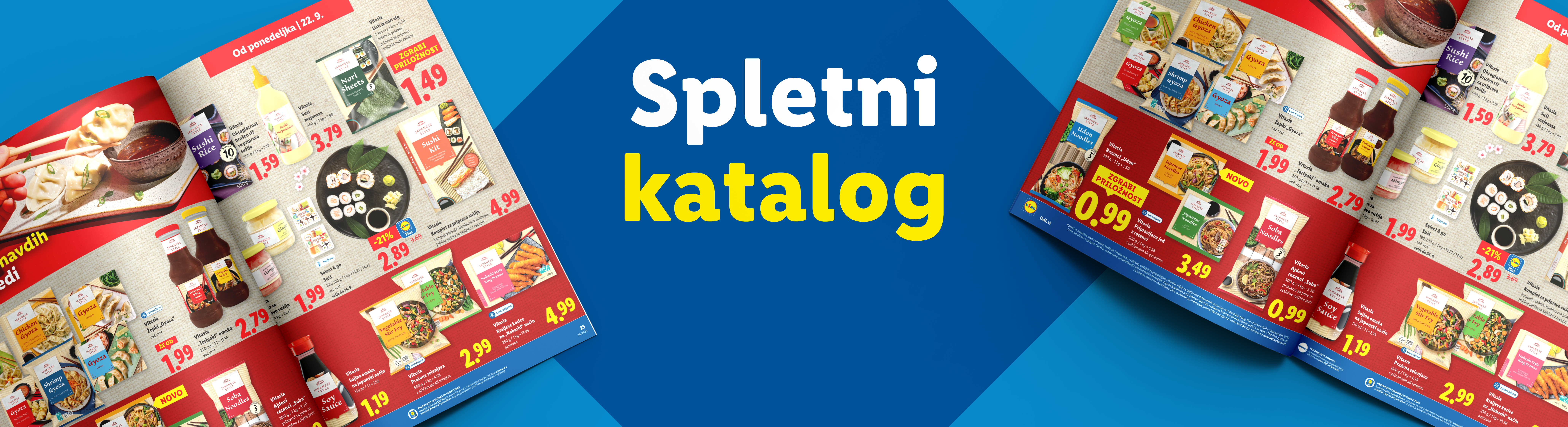 Katalog z izdelki japonske kuhinje, vključno s sushijem, gyozo in rezanci.