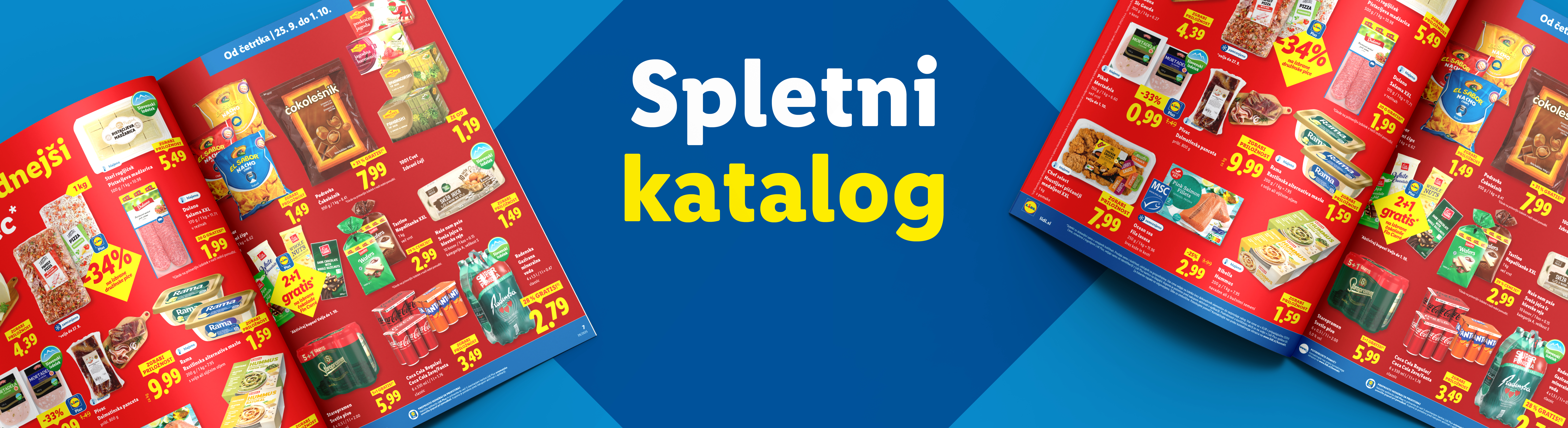Lidl katalog z akcijskimi ponudbami za živila, vključno s prigrizki, mesninami in pijačami.