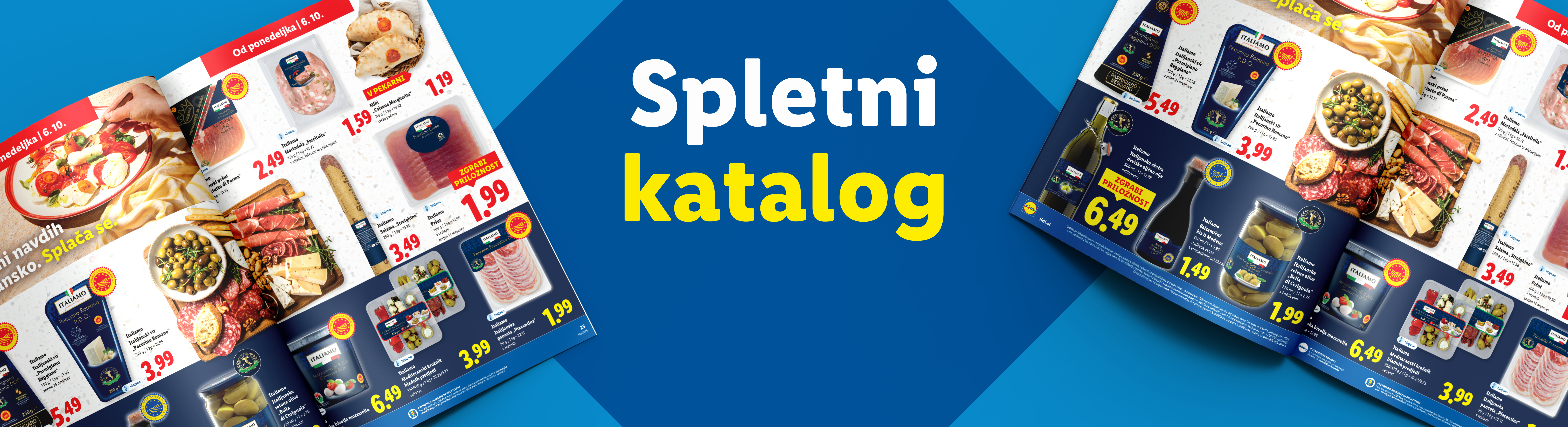 Lidl katalog z italijanskimi izdelki, kot so siri, salame, pršut, olive in oljčno olje.