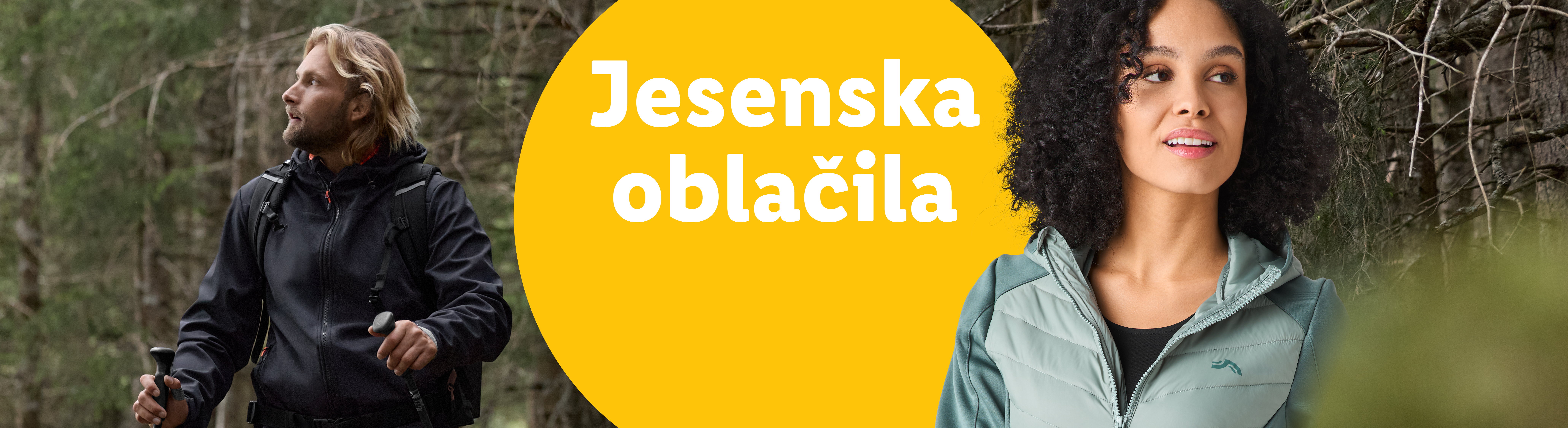Moški in ženska v jesenskih oblačilih za pohodništvo.