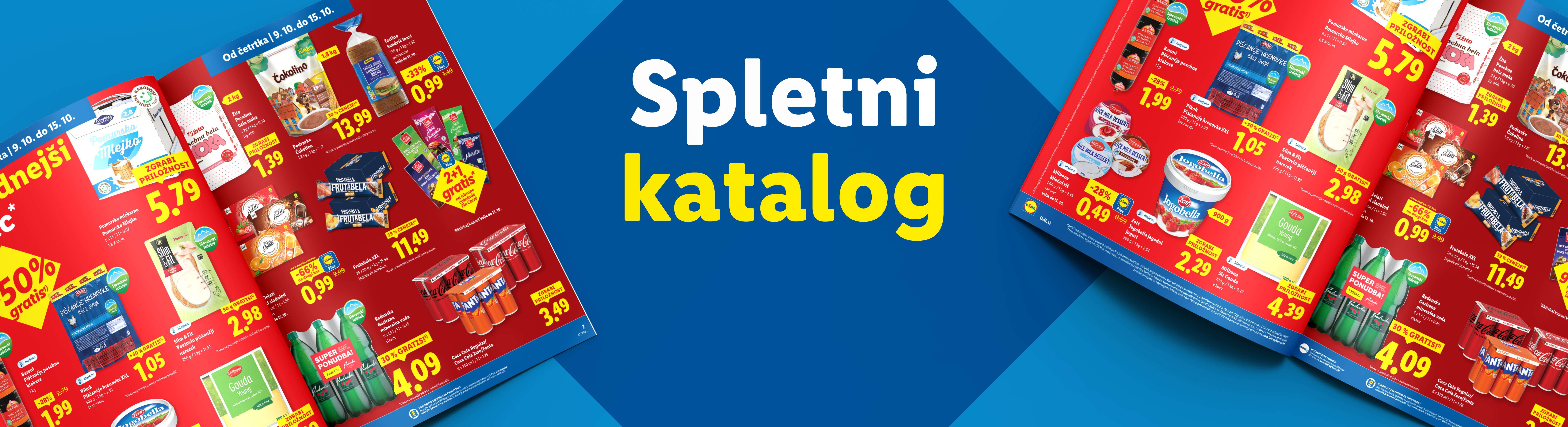 Lidlov spletni katalog z izdelki, kot so mleko, čokolino, kruh, čokolade, jogurt in pijače.