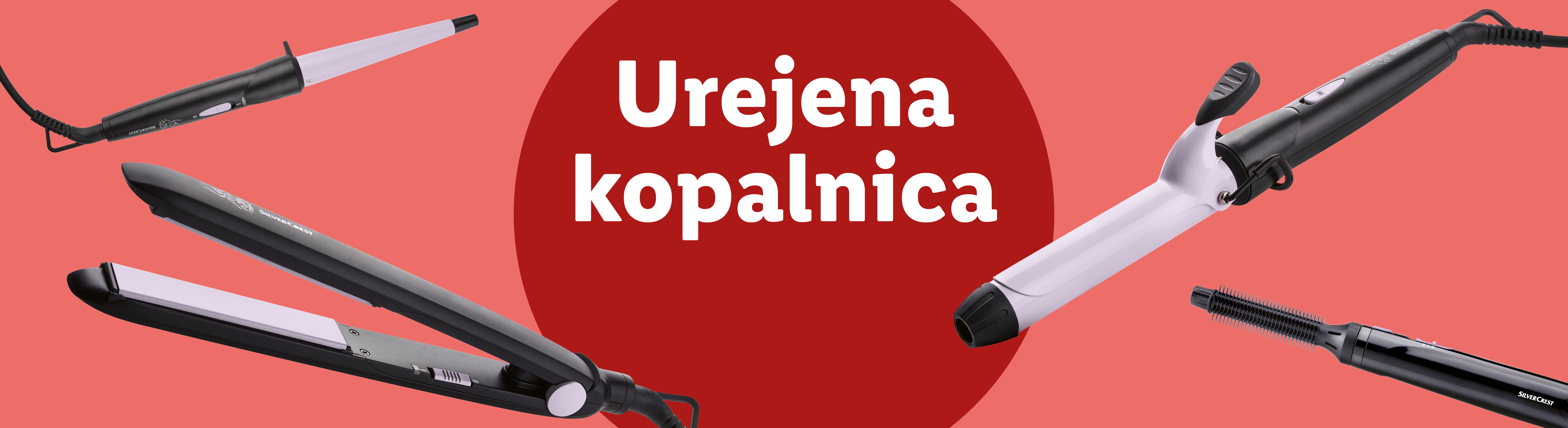 Različni pripomočki za oblikovanje las, vključno z likalnikom, kodralnikom in krtačo za oblikovanje las, na rdečem ozadju z napisom »Urejena kopalnica«.