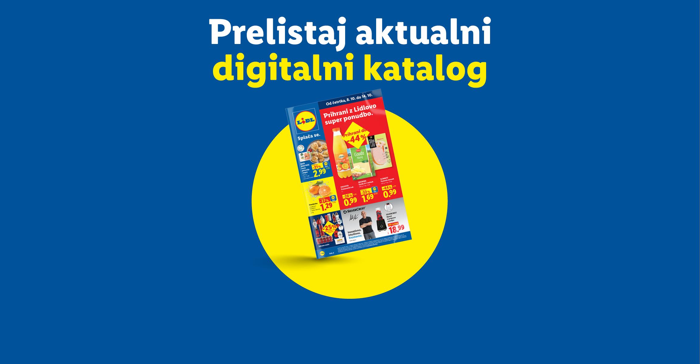 Modro ozadje z vabilom k listanju aktualnega digitalnega kataloga s popusti.