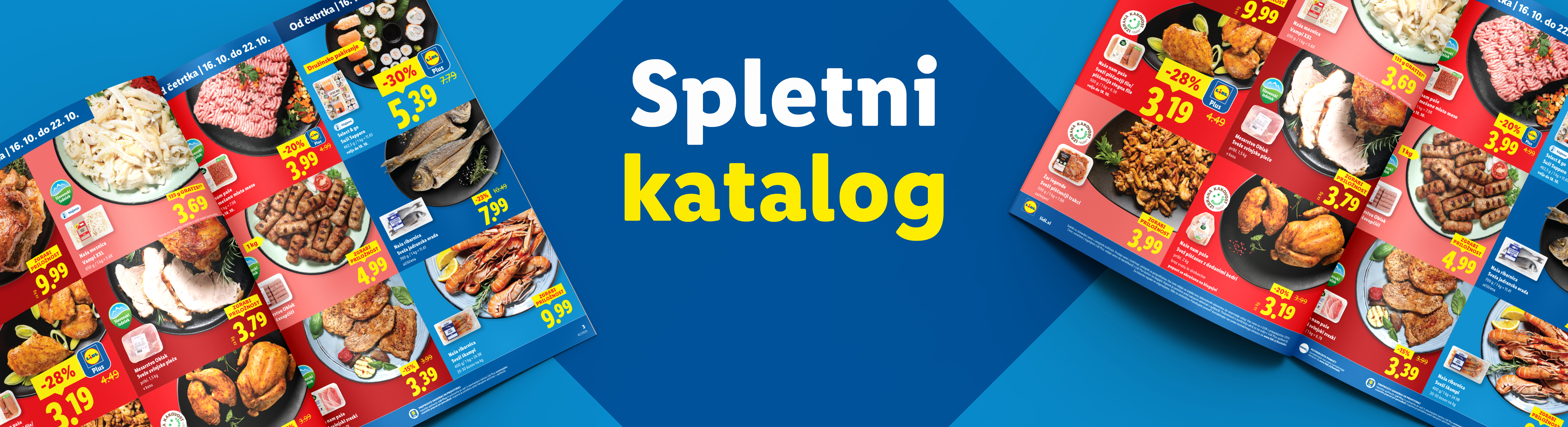 Lidl katalog s ponudbo mesa, rib in morskih sadežev, vključno s piščancem, mletim mesom, sušijem in škampi.
