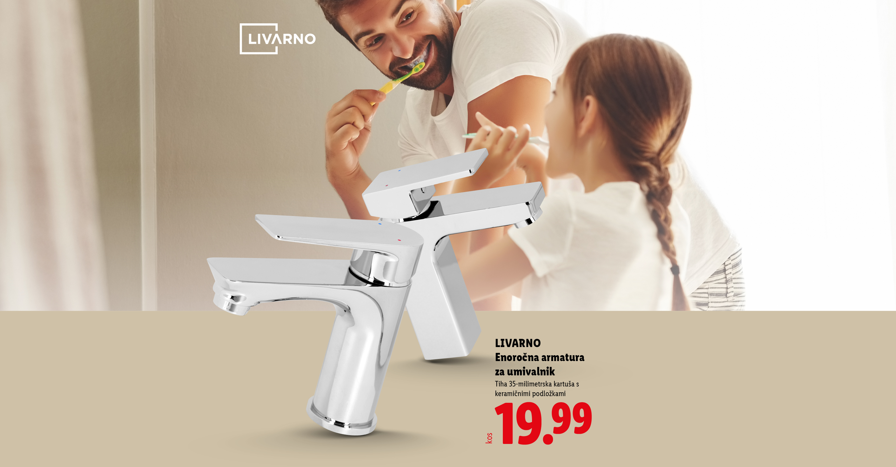 Enoročna armatura za umivalnik z motivom očeta in hčerke med umivanjem zob.