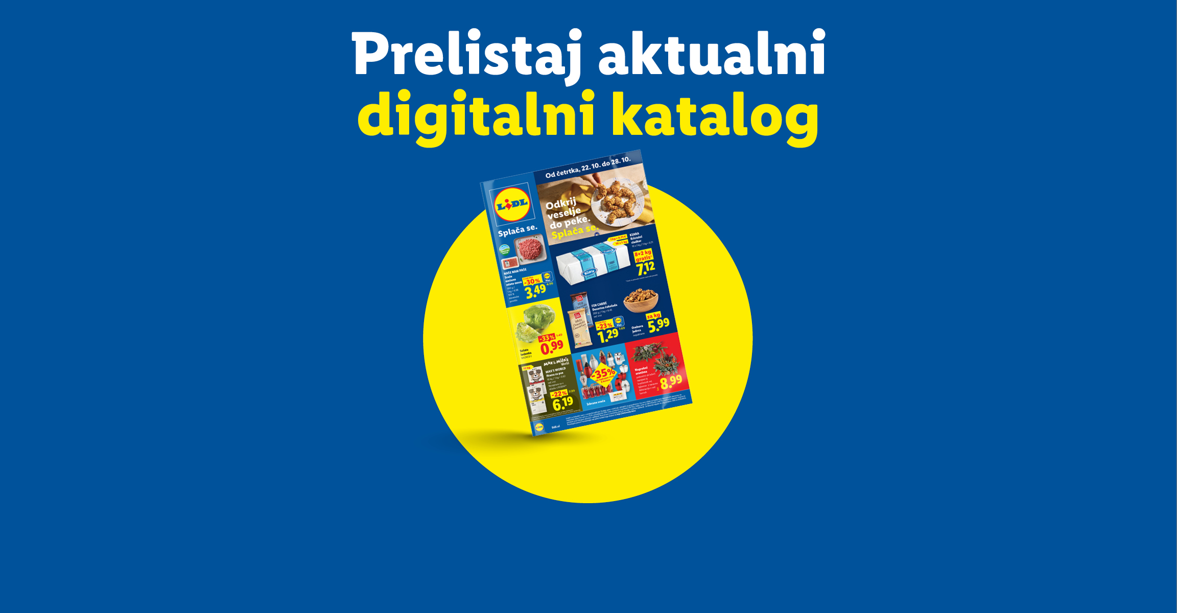 Modro ozadje z vabilom k ogledu aktualnega digitalnega kataloga s ponudbo živil.
