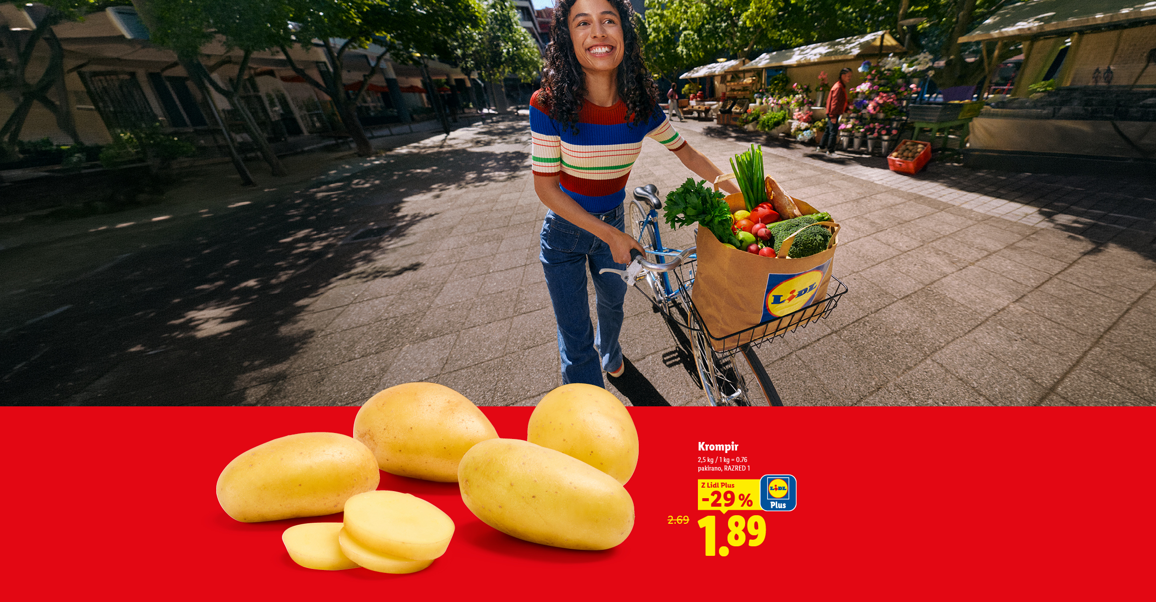 Krompir v akciji s popustom Lidl Plus ob sliki ženske, ki odpira hladilnik.