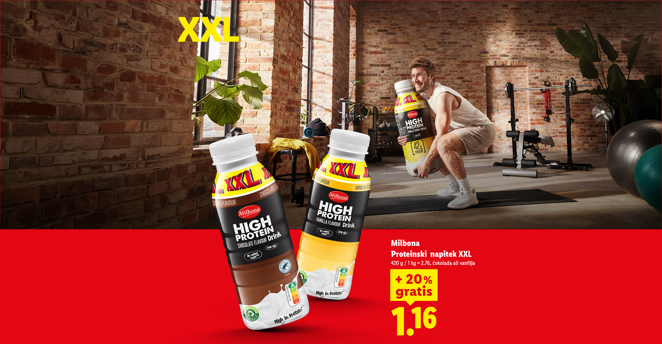 Milbona Proteinski napitek XXL, čokolada ali vanilija, 420 g za 1,16 € z oznako + 20 % gratis.