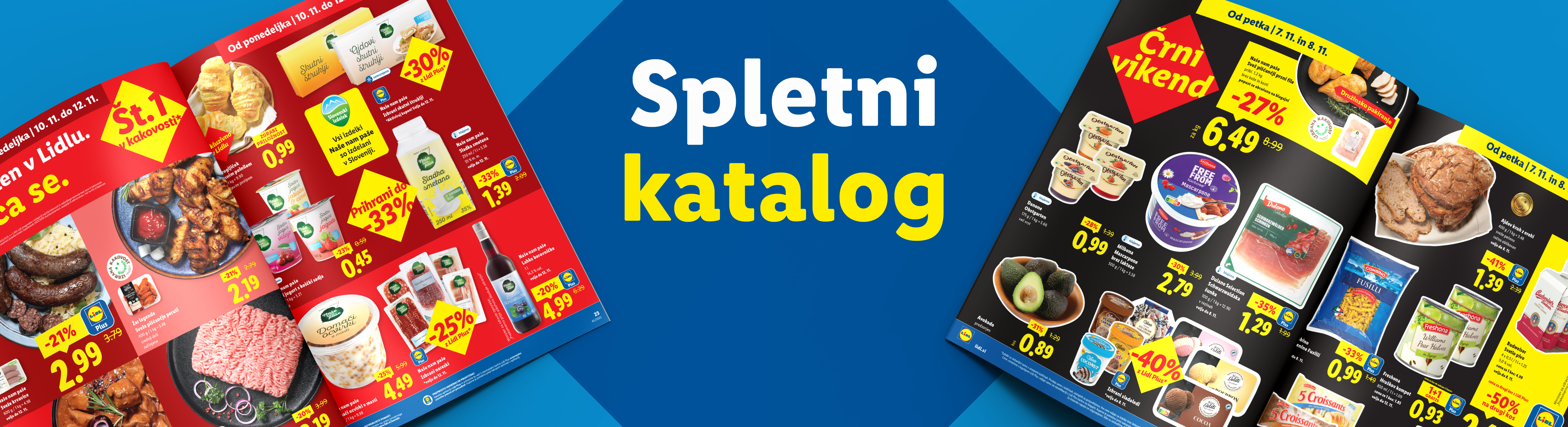Lidl katalog s ponudbo mesa, mlečnih izdelkov, kruha in testenin, z naslovom »Spletni katalog«.