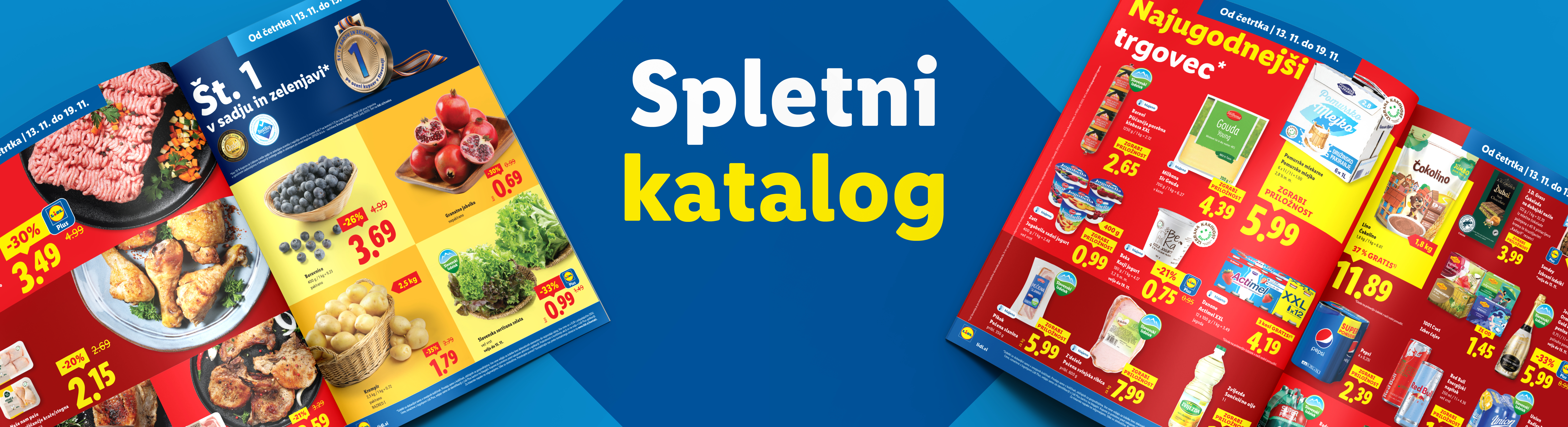 Lidl katalog z mesom, sadjem, zelenjavo, mlečnimi izdelki in pijačami, z naslovom »Spletni katalog«.