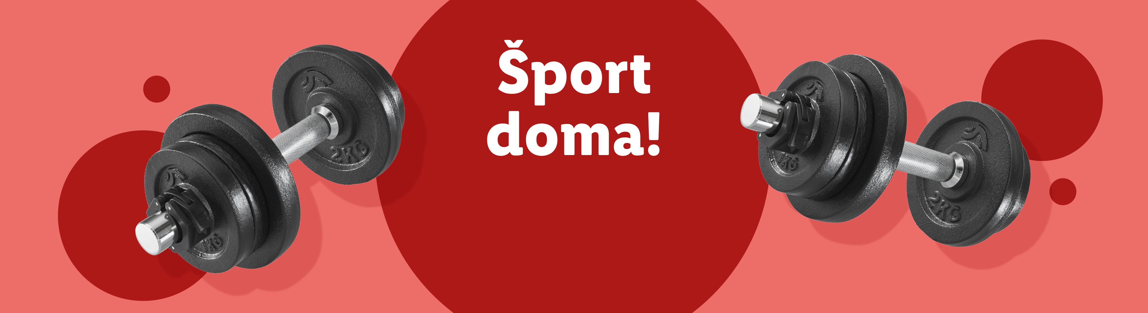 Dve ročki z utežmi na rdečem ozadju z napisom »Šport doma!«