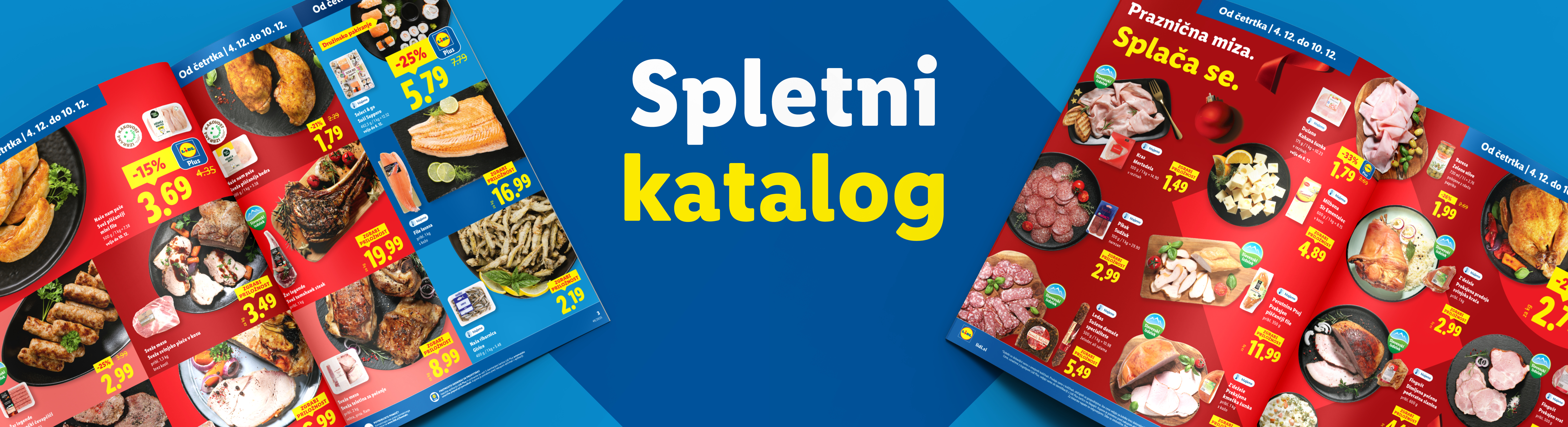 Lidl katalog s praznično ponudbo mesa, rib in delikates, vključno s svežim piščancem, sušijem in lososom.