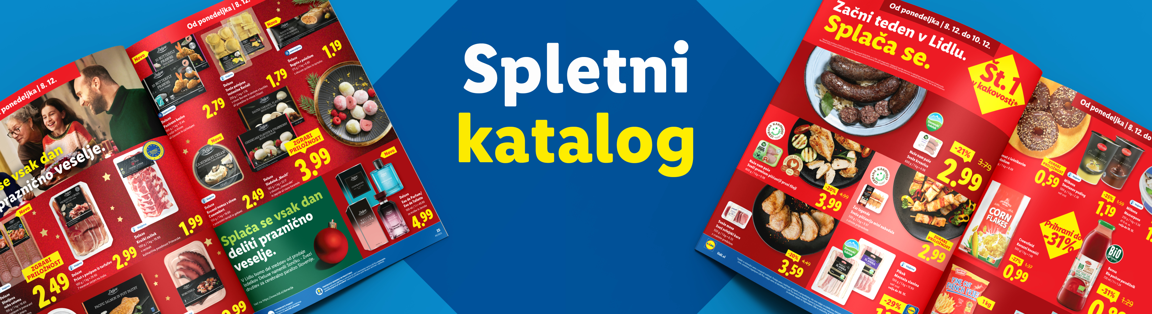 Spletni katalog Lidl s prazničnimi izdelki, vključno z mesninami, sladicami in kozmetiko.