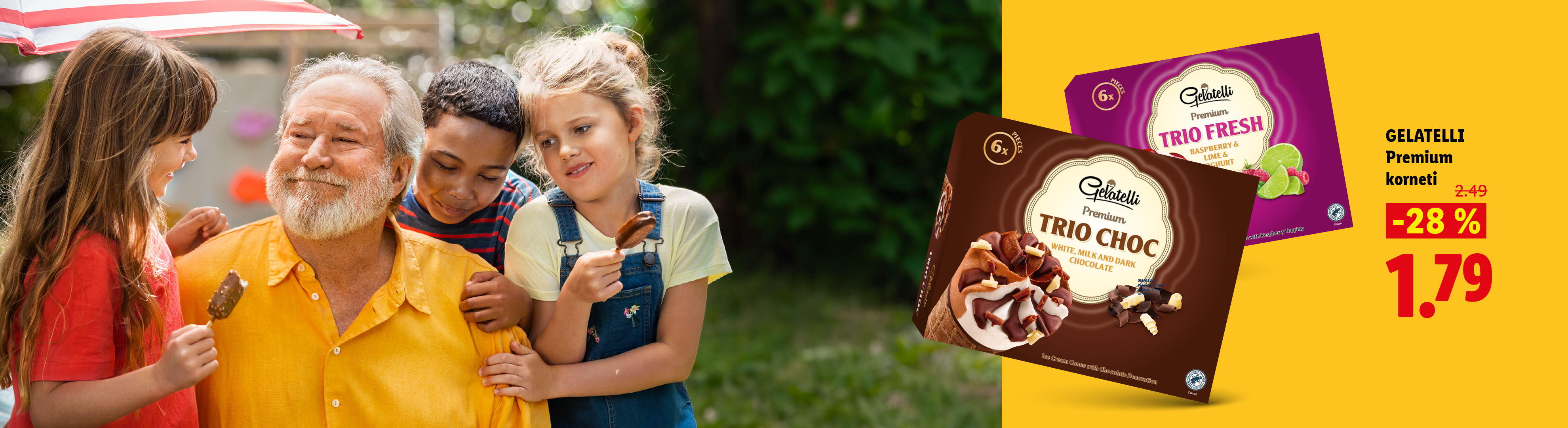 Družina uživa v sladoledu, medtem ko so prikazani sladoledni korneti s čokolado in malino/limeto.
