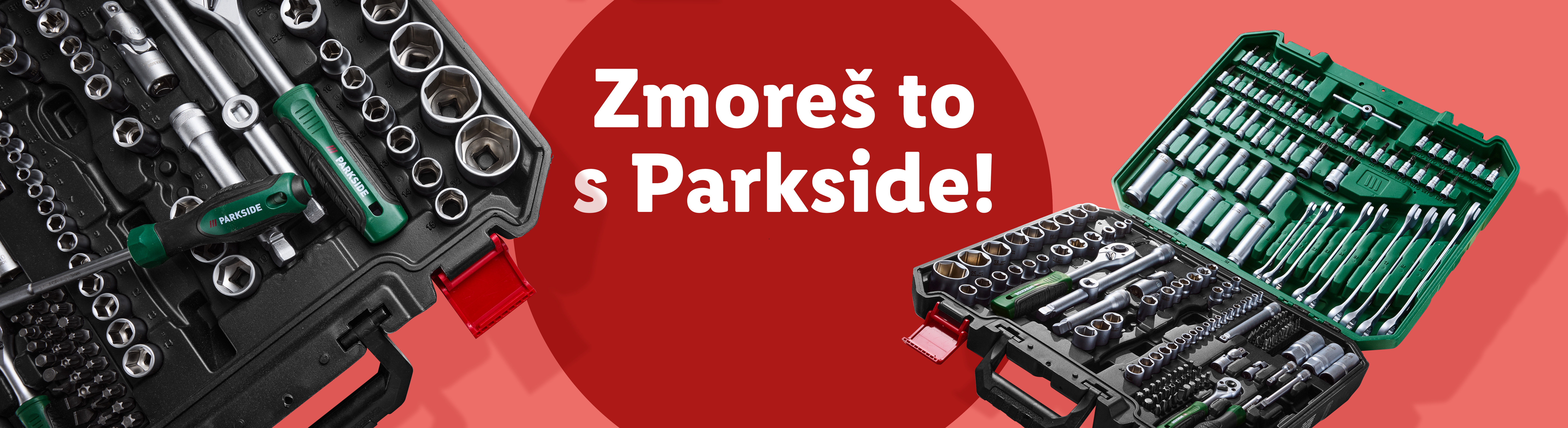 Dva odprta kompleta orodja Parkside s ključi, nastavki in izvijači na rdečem ozadju z napisom »Zmoreš to s Parkside!«.