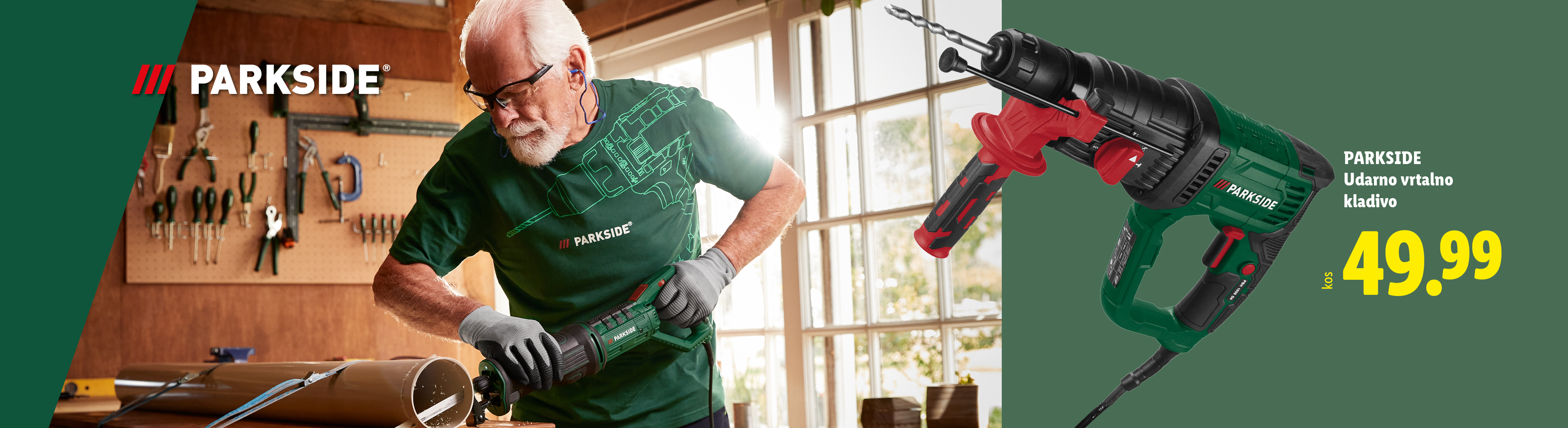 Moški uporablja žago, poleg je udarno vrtalno kladivo za 49,99 EUR.
