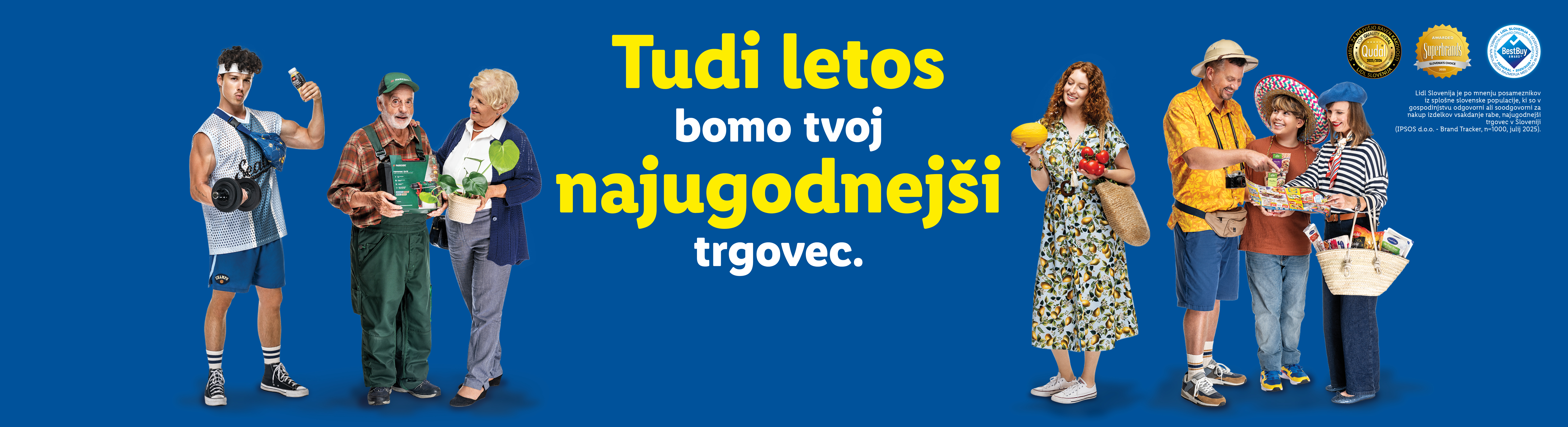 Lidl Slovenija: Različni ljudje z živili, orodjem in rastlinami, z napisom »Tudi letos bomo tvoj najugodnejši trgovec.«