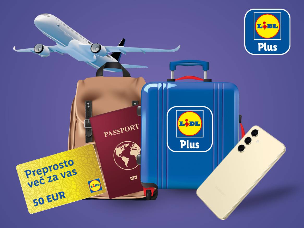 Potovalna oprema z logotipom Lidl Plus: letalo, nahrbtnik, potni list, kovček, telefon in darilna kartica.